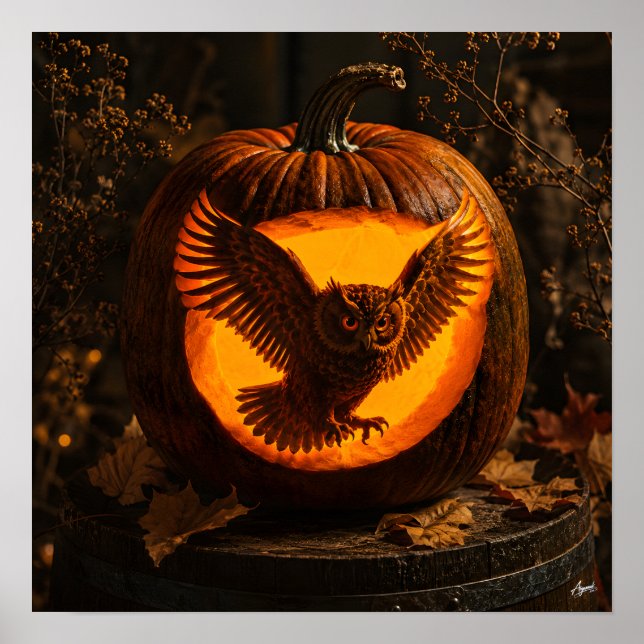 Owl Silhouette Rustic Pumpkin Poster (Front)