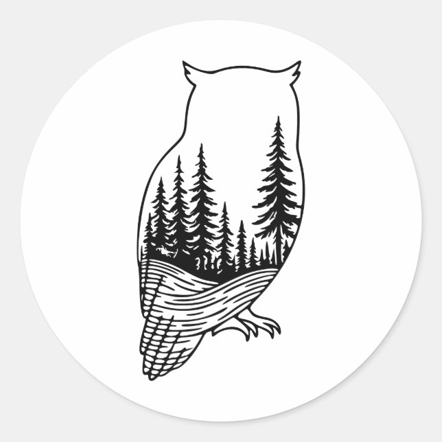 Owl Silhouette with Forest Scene Classic Round Sticker (Front)