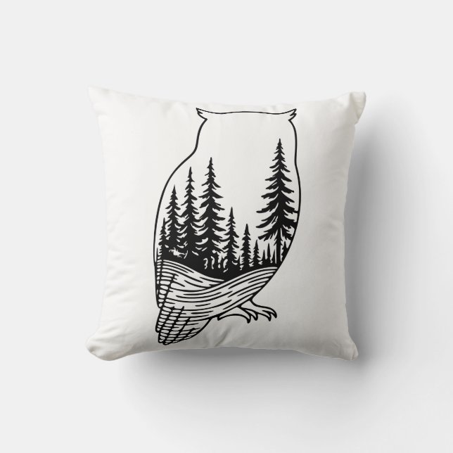 Owl Silhouette with Forest Scene Throw Pillow (Front)