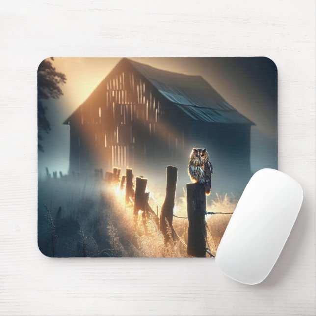 Owl Sitting On a Farm Fence Post Mouse Pad (With Mouse)