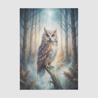 Owl Sitting on a Large Branch in the Misty Forest Tissue Paper