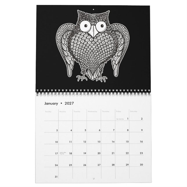 Owl Sketch Cartoon Calendar (Jan 2027)