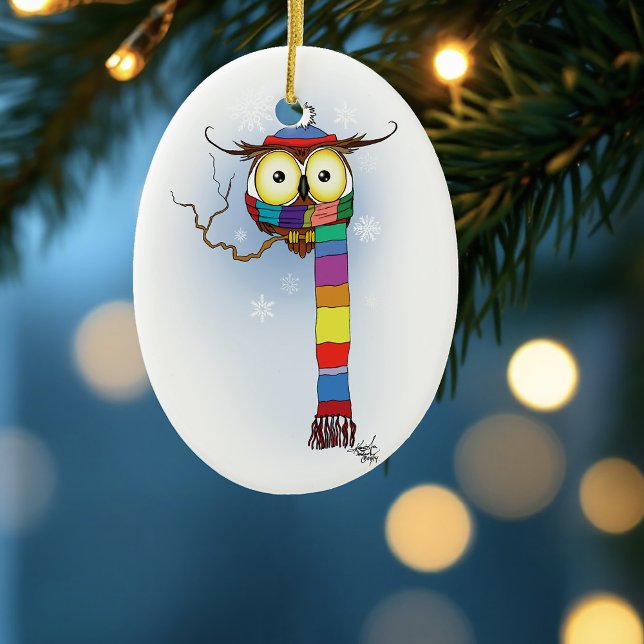 Owl Snowflakes Scarf Hat Cute Ceramic Ornament (Creator Uploaded)