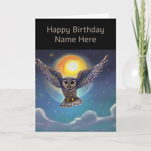 Owl Soars Above Clouds on Starry Moonlit Night Sky Card (Front)