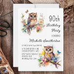 Owl Spring Flowers Butterflies 90th Birthday Invitation<br><div class="desc">90th birthday party invitation with paintings of a cute little owl sitting among blossoms in the branches of a tree. Contact me for assistance with your customizations or to request additional matching or coordinating Zazzle products for your celebration.</div>