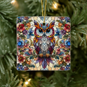 Owl Stained Glass Inspired Ceramic Ornament