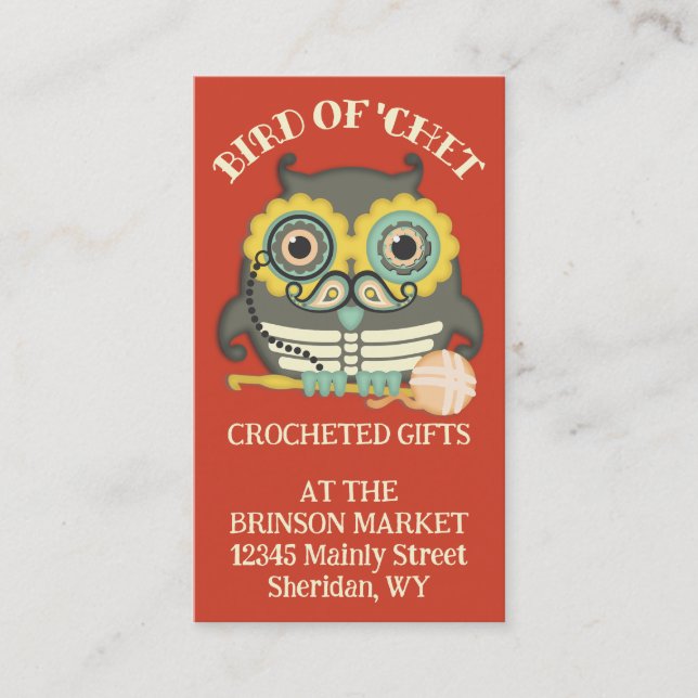 Owl steampunk skeleton moustache crochet hook business card (Front)