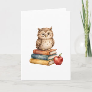 Owl Teacher Gift Watercolor Books Apple Back to Sc Card
