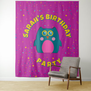 Owl Teal Purple Birthday Tapestry