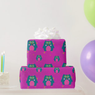 Owl teal Purple Wrapping Paper Kids Party
