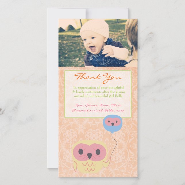 Owl Thank You Note Baby Girl Photo Template (Front)
