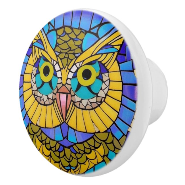 Owl Theme - Blue / Yellow Night Bird Mosaic  Ceramic Knob (Right)