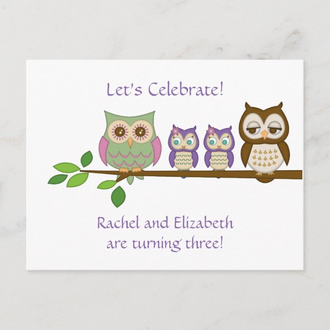Owl Twins Birthday Party Invite (Front)