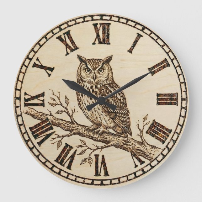 Owl Wall Clock – Forest Wood-Burned Style (Front)