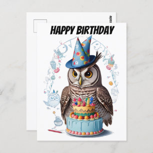 Owl wearing birtday hat standing behind cake postcard