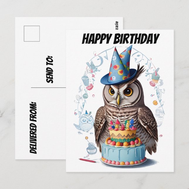 Owl wearing birtday hat standing behind cake postcard (Front/Back)