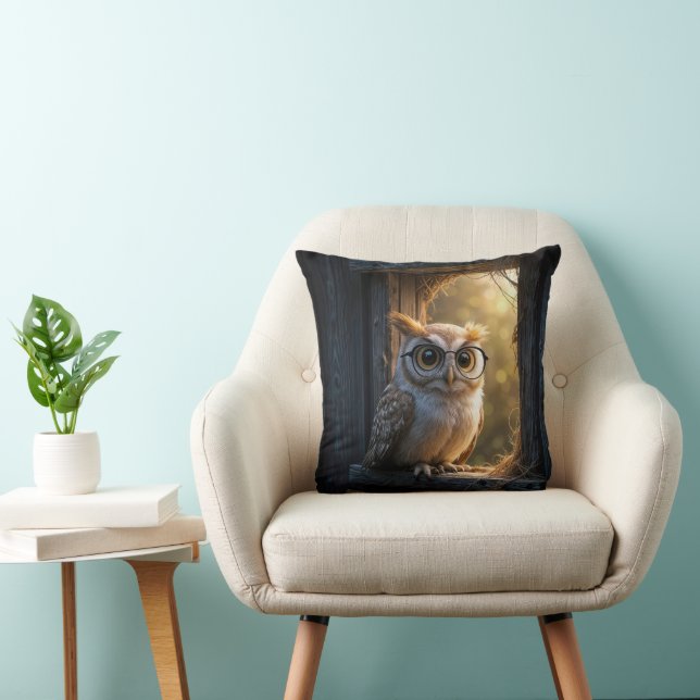 Owl Wearing Glasses In Barn Window Throw Pillow (Chair)