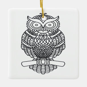 Owl (white square) - Ceramic Ornament