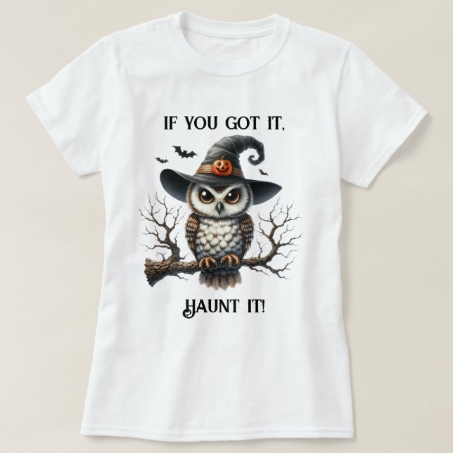 Owl Witch on a Branch T-Shirt (Design Front)