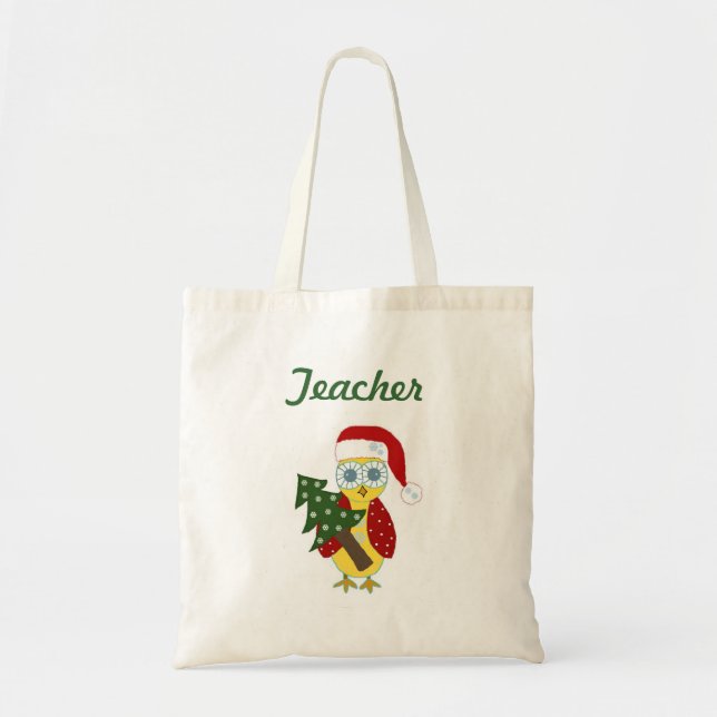 Owl with a Christmas Tree - Teacher Tote Bag (Front)