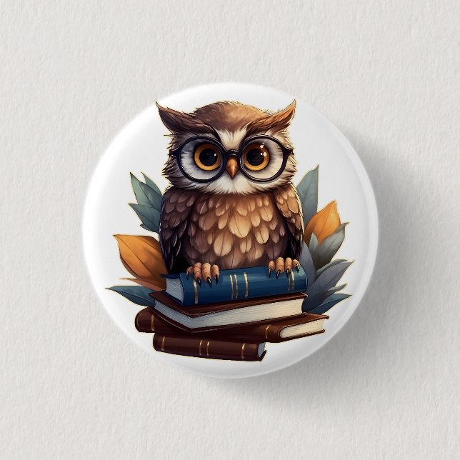 Owl with books 1 inch round button (Front)