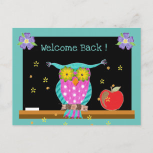 Owl with chalkboard and apple back-to-school postcard