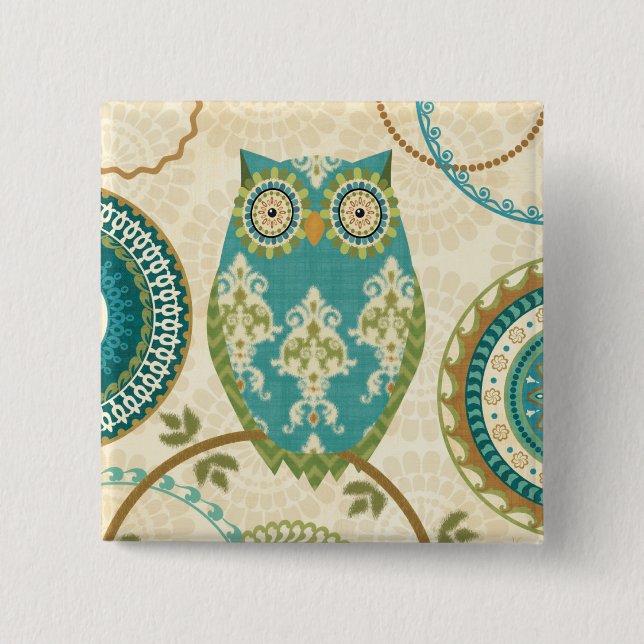 Owl with Circular Patterns 2 Inch Square Button (Front)