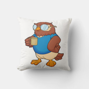 Owl with Coffee mug Throw Pillow