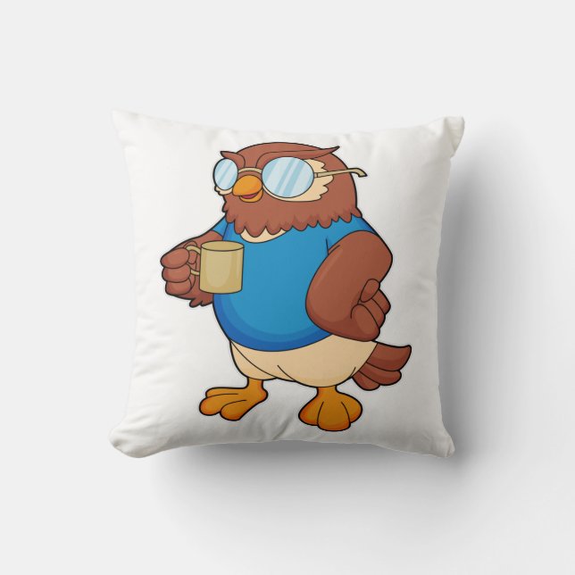 Owl with Coffee mug Throw Pillow (Front)