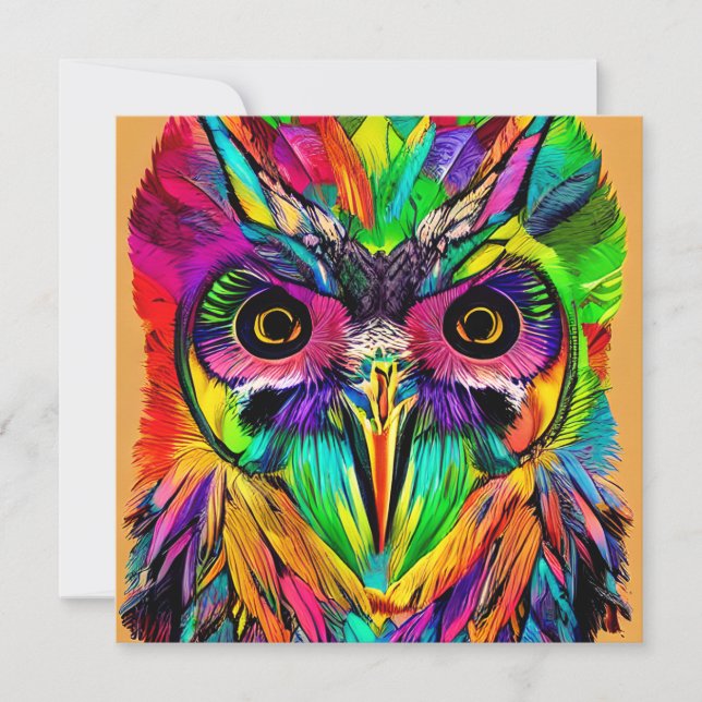Owl with Colourful Feathers Quirky AI Art Card (Front)