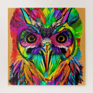 Owl with Colourful Feathers Quirky AI Art Jigsaw Puzzle