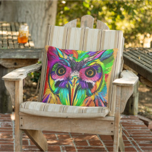 Owl with Colourful Feathers Quirky AI Art Outdoor Pillow