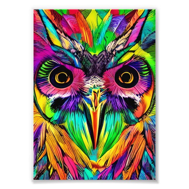 Owl with Colourful Feathers Quirky AI Art Photo Print (Front)