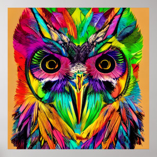 Owl with Colourful Feathers Quirky AI Art Poster
