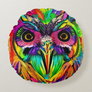Owl with Colourful Feathers Quirky AI Art Round Pillow