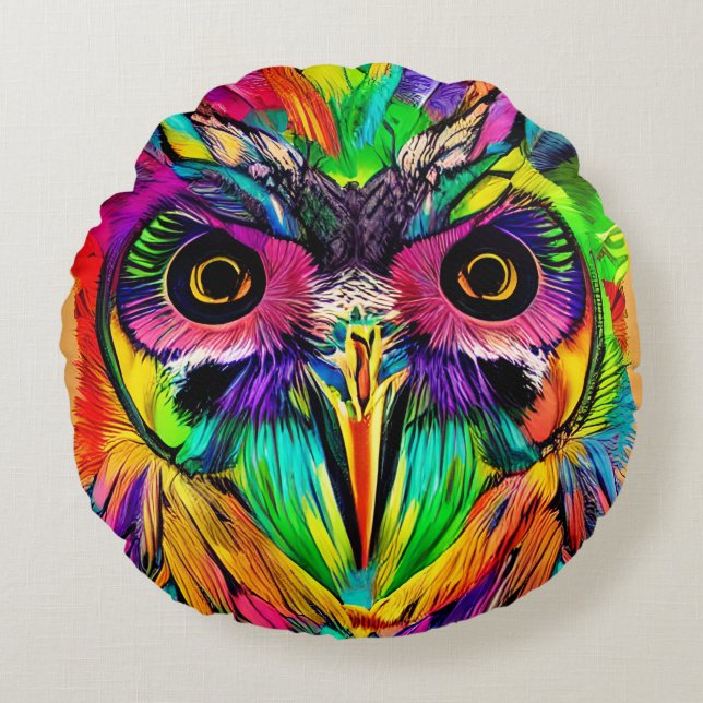 Owl with Colourful Feathers Quirky AI Art Round Pillow (Front)