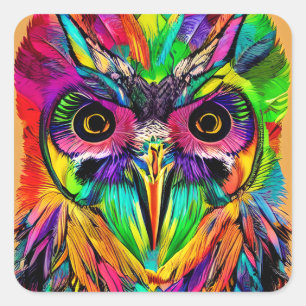 Owl with Colourful Feathers Quirky AI Art Square Sticker