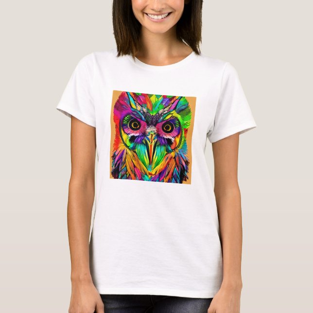 Owl with Colourful Feathers Quirky AI Art T-Shirt (Front)