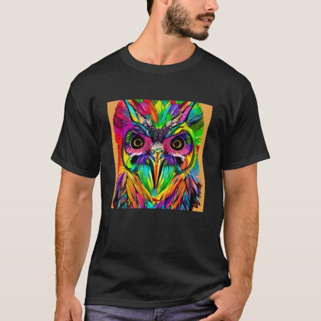 Owl with Colourful Feathers Quirky AI Art T-Shirt (Front)
