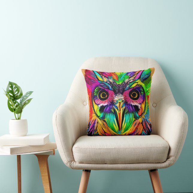 Owl with Colourful Feathers Quirky AI Art Throw Pillow (Chair)