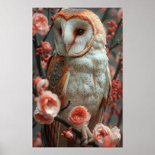 Owl with Flowers Photorealistic High-Quality Poste Poster