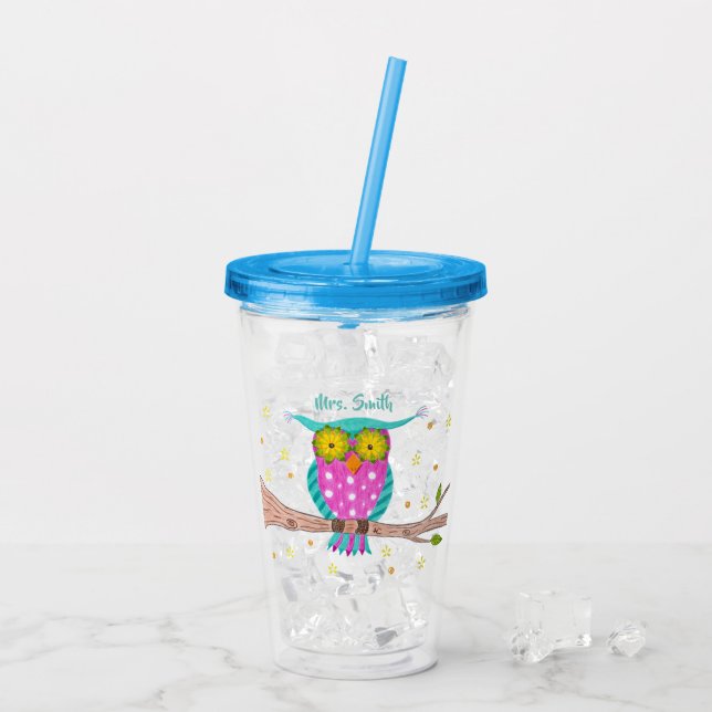 Owl with flowery eyes personalized teacher tumbler (Back Ice)