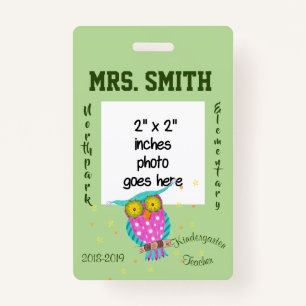 Owl with flowery eyes teacher ID badge