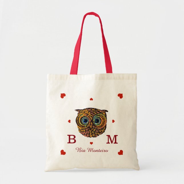 owl with initials and name personalized tote bag (Front)