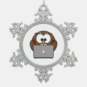 Owl With Laptop Snowflake Pewter Christmas Ornament