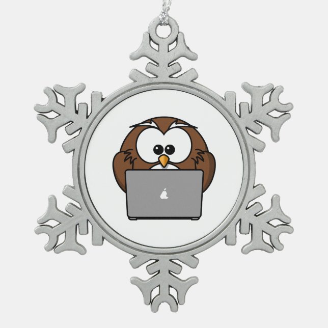Owl With Laptop Snowflake Pewter Christmas Ornament (Front)