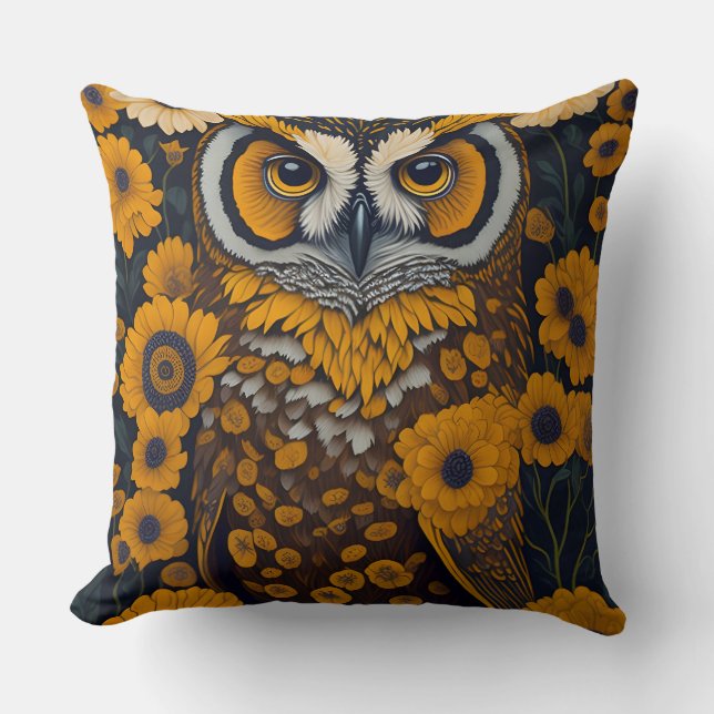 Owl with large eyes in front of flowers #2 throw pillow (Front)