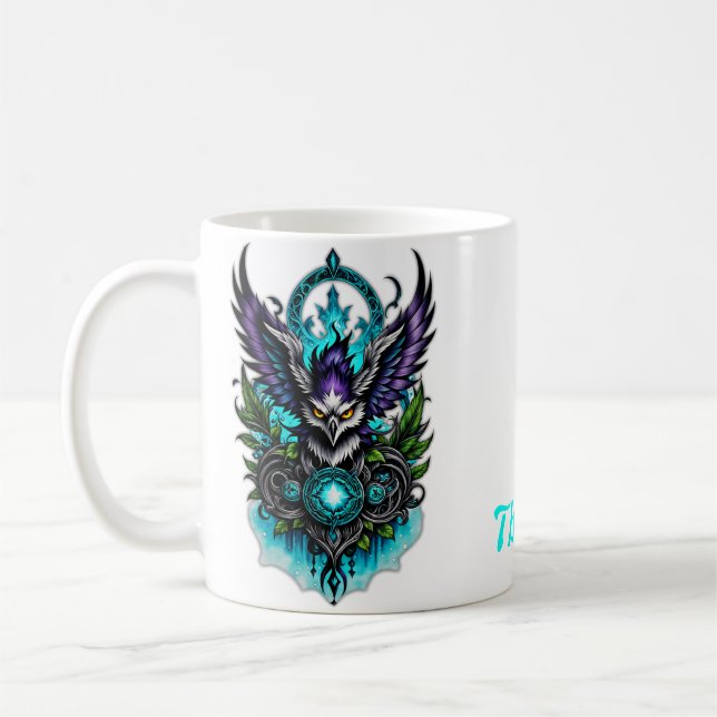 Owl with magical elements.  coffee mug (Left)