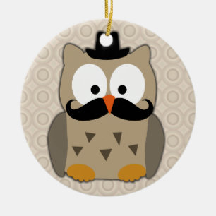 Owl with Moustache and Hat Ceramic Ornament