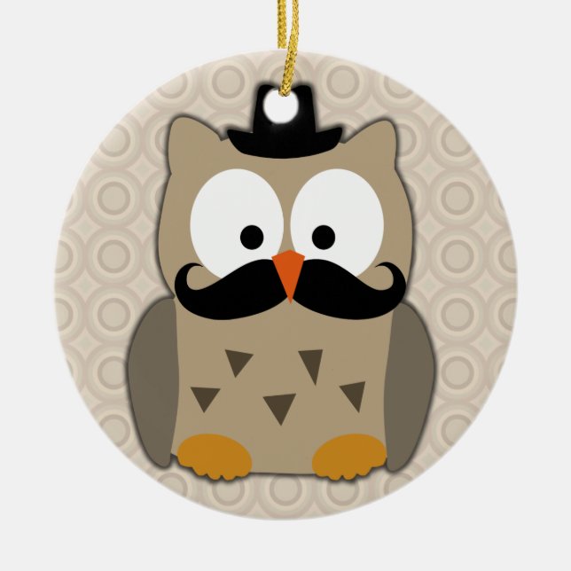 Owl with Moustache and Hat Ceramic Ornament (Front)